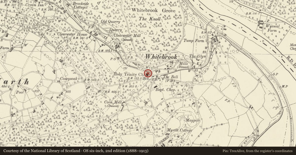 Ordnance Survey six-inch map, 2nd edition (1888–1913) covering the location of Church of the Holy Trinity, Trellech United, Monmouthshire, with a pin at the register's coordinates