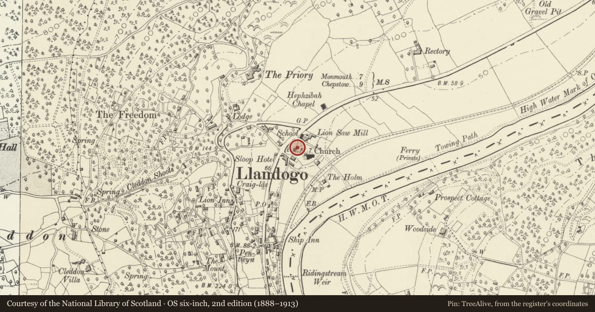 Ordnance Survey six-inch map, 2nd edition (1888–1913) covering the location of Wall of Churchyard of Church of St Oudoceus, Wye Valley, Monmouthshire, with a pin at the register's coordinates
