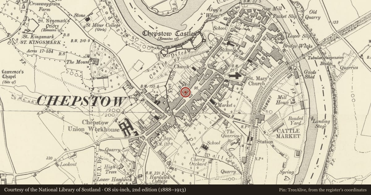Ordnance Survey six-inch map, 2nd edition (1888–1913) covering the location of Former Bell Hotel, Chepstow, Monmouthshire, with a pin at the register's coordinates