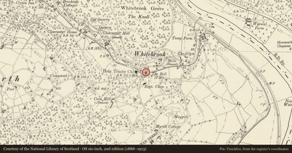 Ordnance Survey six-inch map, 2nd edition (1888–1913) covering the location of The Bell, Trellech United, Monmouthshire, with a pin at the register's coordinates