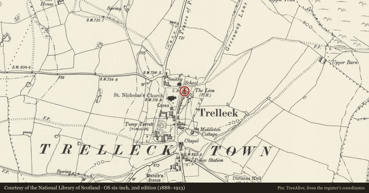 Ordnance Survey six-inch map, 2nd edition (1888–1913) covering the location of The Lion Inn, Trellech United, Monmouthshire, with a pin at the register's coordinates