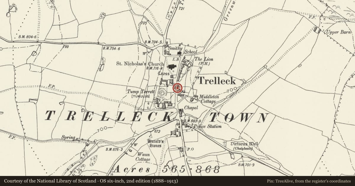 Ordnance Survey six-inch map, 2nd edition (1888–1913) covering the location of Wall of Trellech Farm, Trellech United, Monmouthshire, with a pin at the register's coordinates