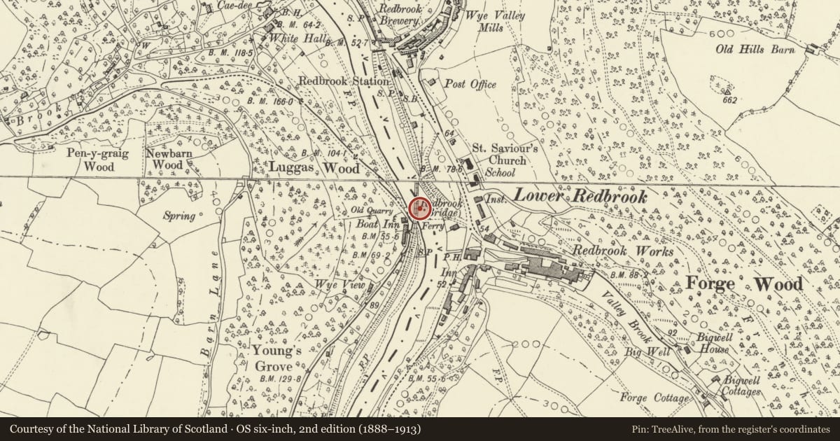 Ordnance Survey six-inch map, 2nd edition (1888–1913) covering the location of Redbrook Railway Bridge, Trellech United, Monmouthshire, with a pin at the register's coordinates