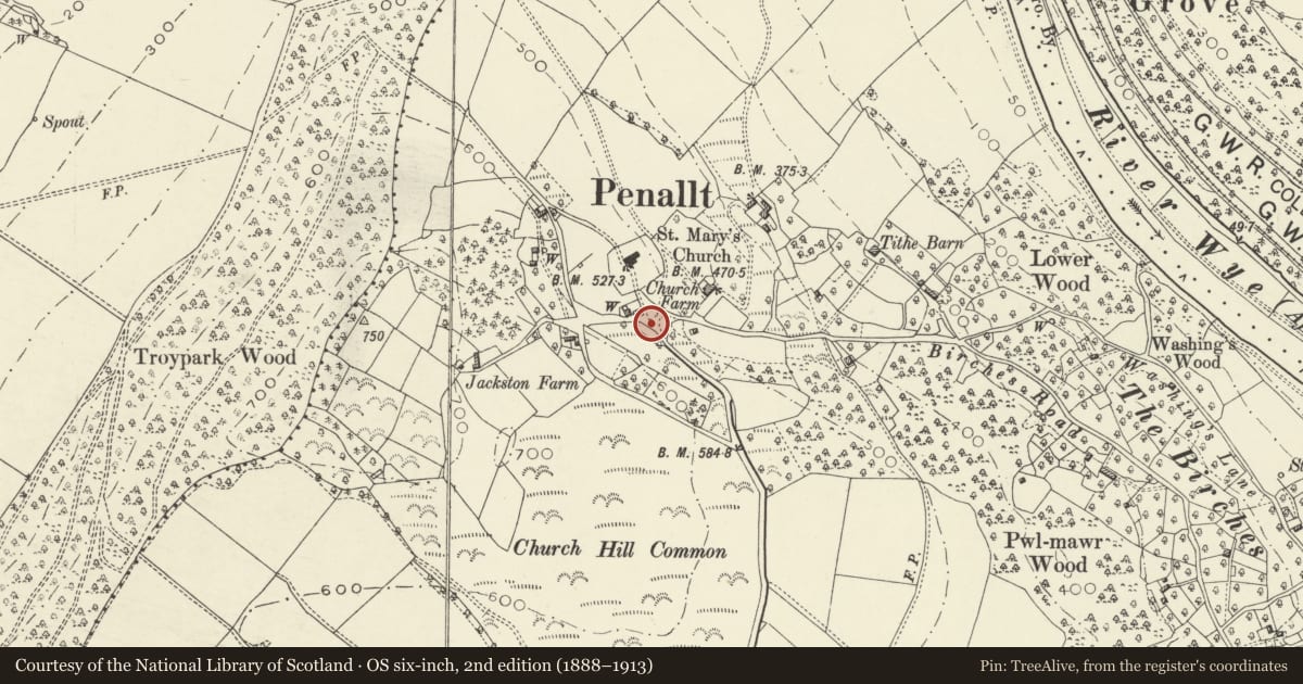 Ordnance Survey six-inch map, 2nd edition (1888–1913) covering the location of Mounting Block outside Penallt Old Church, Trellech United, Monmouthshire, with a pin at the register's coordinates