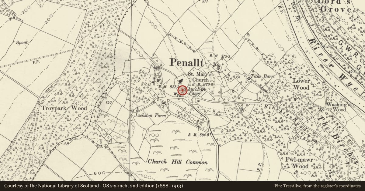 Ordnance Survey six-inch map, 2nd edition (1888–1913) covering the location of Lychgate and Stile to the Churchyard of Penallt Old Church (St Mary's), Trellech United, Monmouthshire, with a pin at the register's coordinates