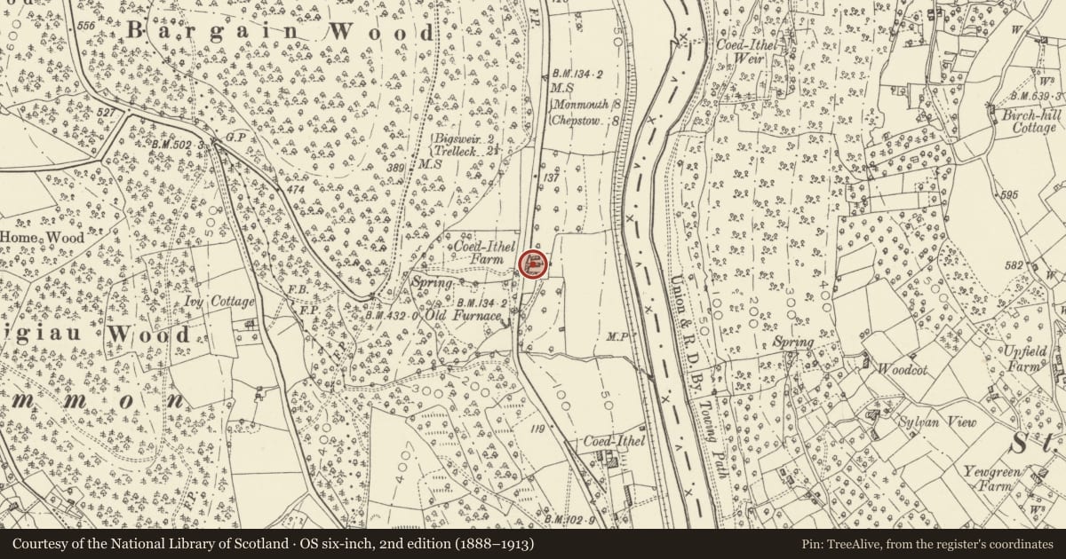 Ordnance Survey six-inch map, 2nd edition (1888–1913) covering the location of Former Cider House at Coed Ithel Farm, Wye Valley, Monmouthshire, with a pin at the register's coordinates