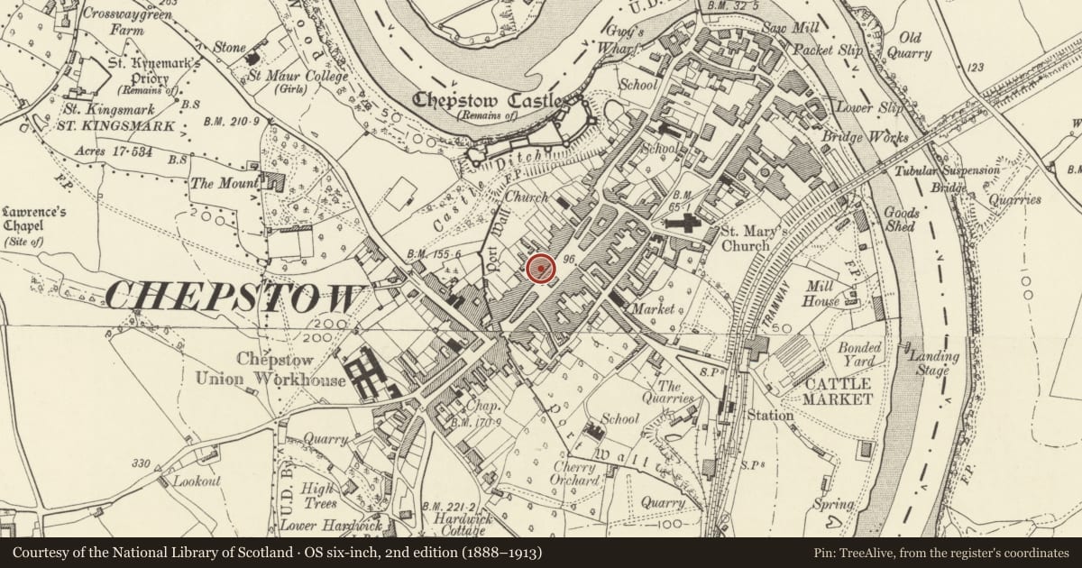 Ordnance Survey six-inch map, 2nd edition (1888–1913) covering the location of 13 Bank Street, Chepstow, Monmouthshire, with a pin at the register's coordinates