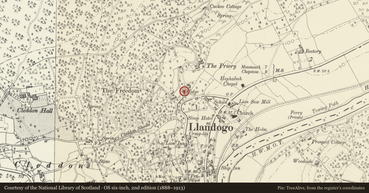 Ordnance Survey six-inch map, 2nd edition (1888–1913) covering the location of Priory Lodge, Wye Valley, Monmouthshire, with a pin at the register's coordinates