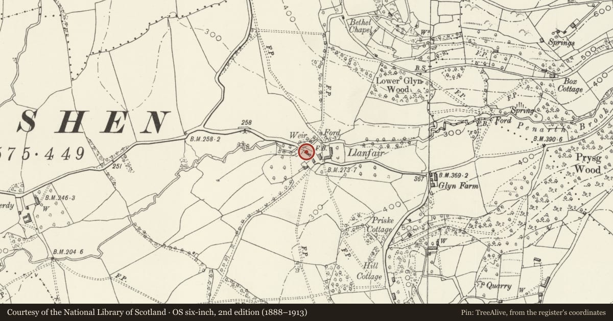 Ordnance Survey six-inch map, 2nd edition (1888–1913) covering the location of Small Barn opposite Llanvair Farmhouse, Trellech United, Monmouthshire, with a pin at the register's coordinates