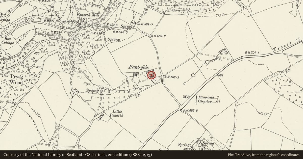 Ordnance Survey six-inch map, 2nd edition (1888–1913) covering the location of Granary at Pant-glas Farm, Trellech United, Monmouthshire, with a pin at the register's coordinates