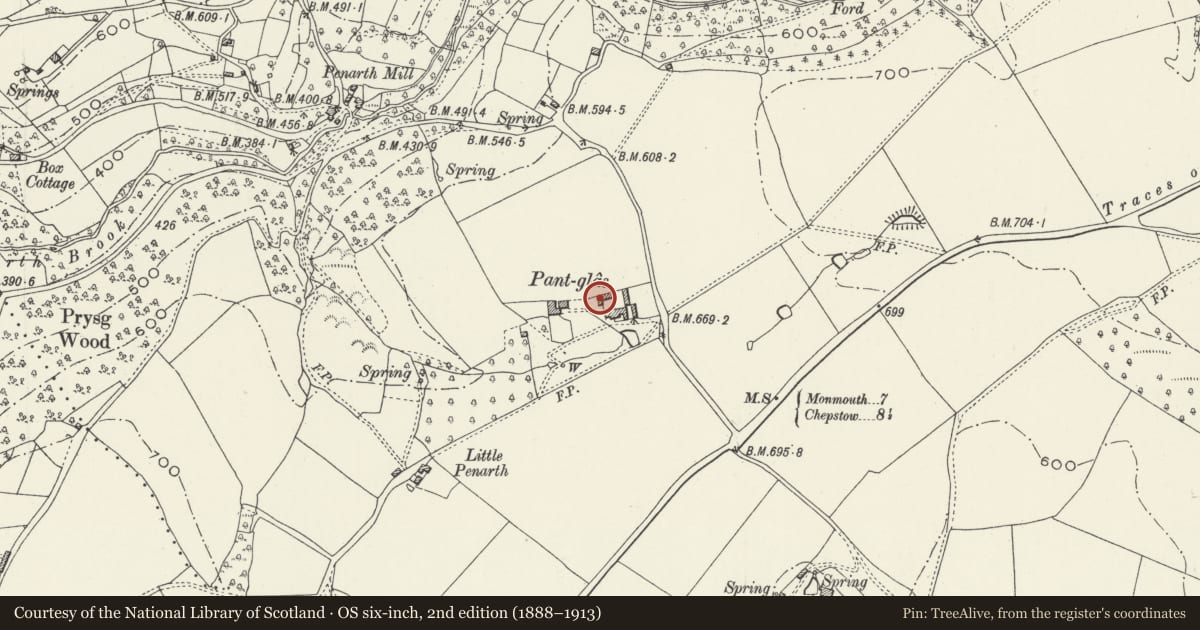 Ordnance Survey six-inch map, 2nd edition (1888–1913) covering the location of Barn at Pant-glas Farm, Trellech United, Monmouthshire, with a pin at the register's coordinates