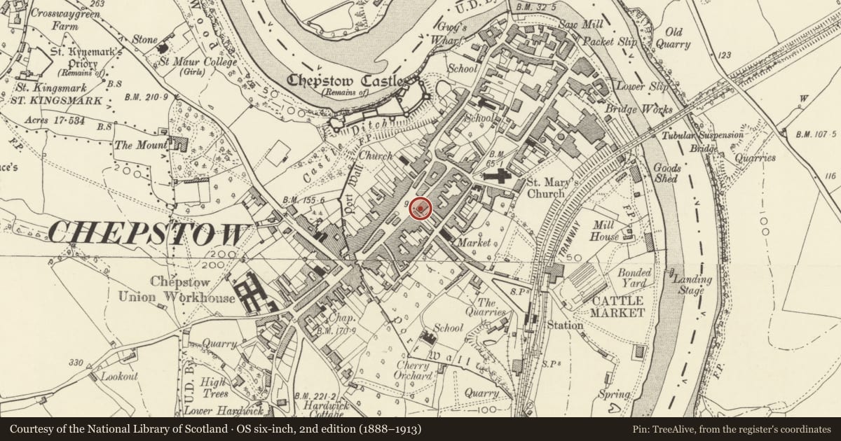 Ordnance Survey six-inch map, 2nd edition (1888–1913) covering the location of Former Assembly Room and Market House, Conrad House, Chepstow, Monmouthshire, with a pin at the register's coordinates