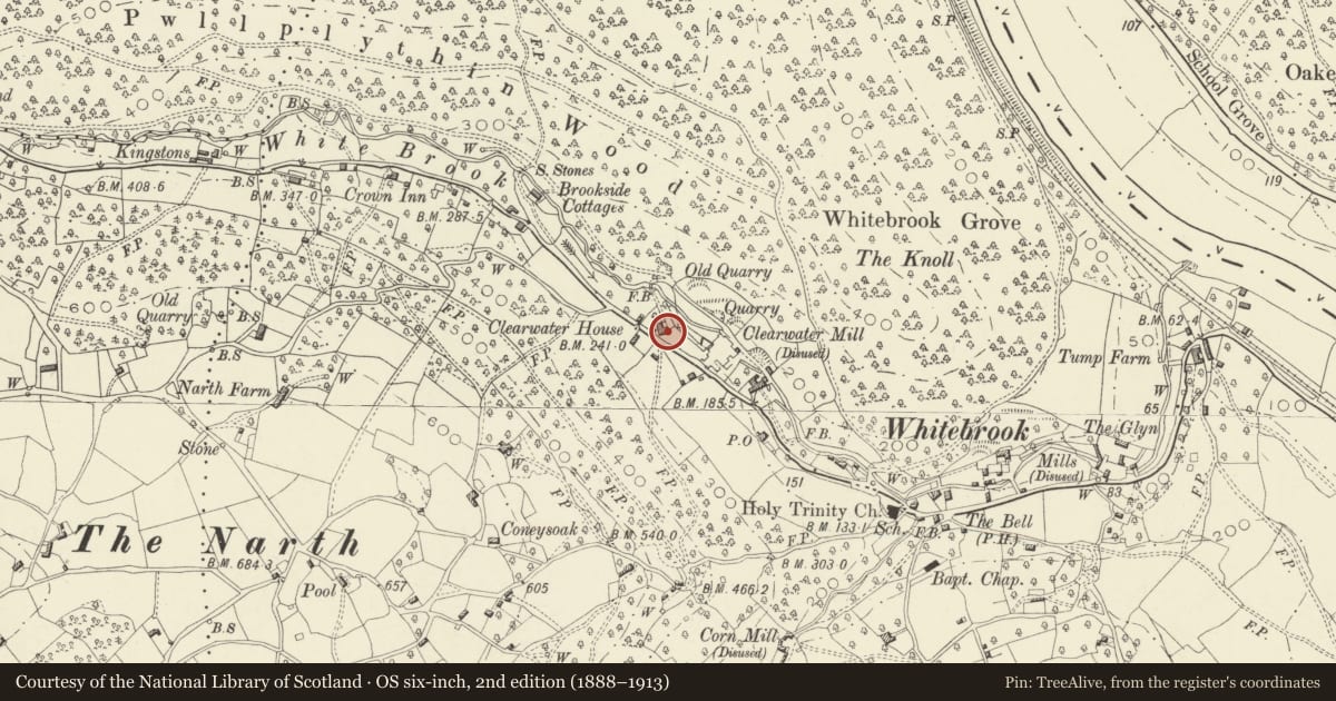 Ordnance Survey six-inch map, 2nd edition (1888–1913) covering the location of Clearwater House, Trellech United, Monmouthshire, with a pin at the register's coordinates