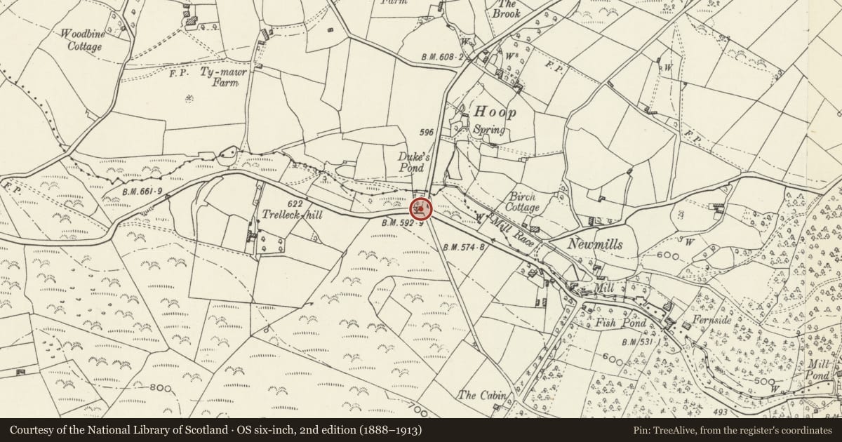 Ordnance Survey six-inch map, 2nd edition (1888–1913) covering the location of Signpost Penalt/Trelleck, Trellech United, Monmouthshire, with a pin at the register's coordinates