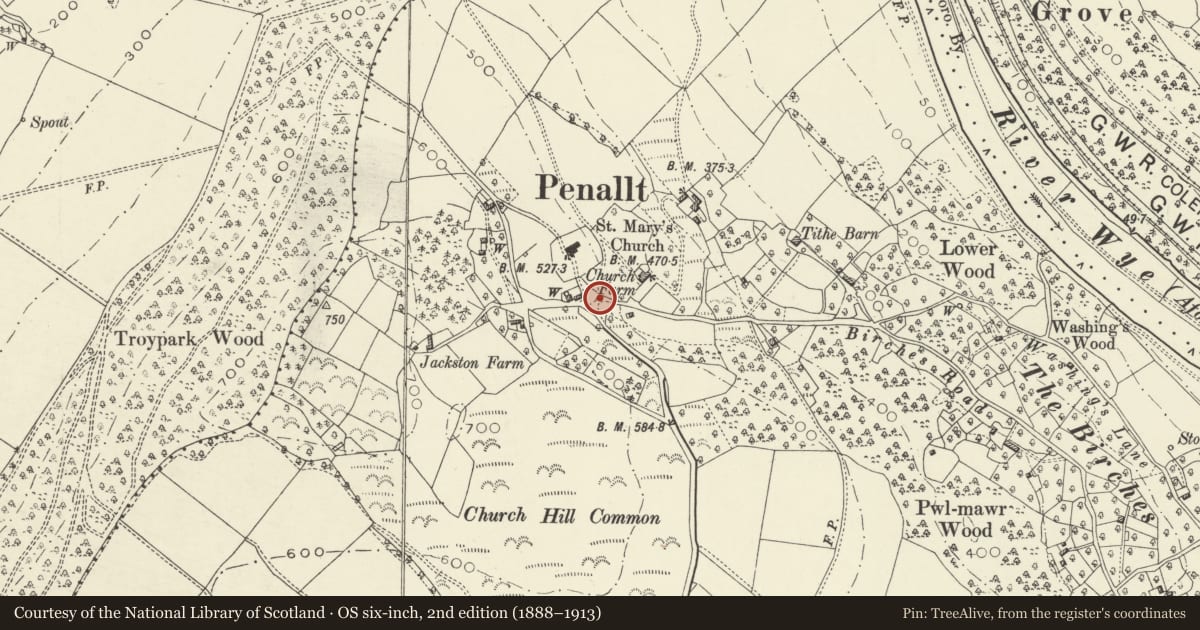 Ordnance Survey six-inch map, 2nd edition (1888–1913) covering the location of Telephone Call-box (01600 713619), Trellech United, Monmouthshire, with a pin at the register's coordinates