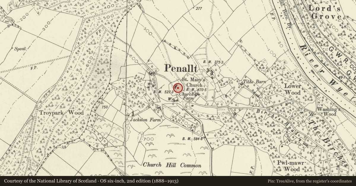 Ordnance Survey six-inch map, 2nd edition (1888–1913) covering the location of Tomb of Thomas Prichard in Churchyard of Penallt Old Church (St Mary's), Trellech United, Monmouthshire, with a pin at the register's coordinates
