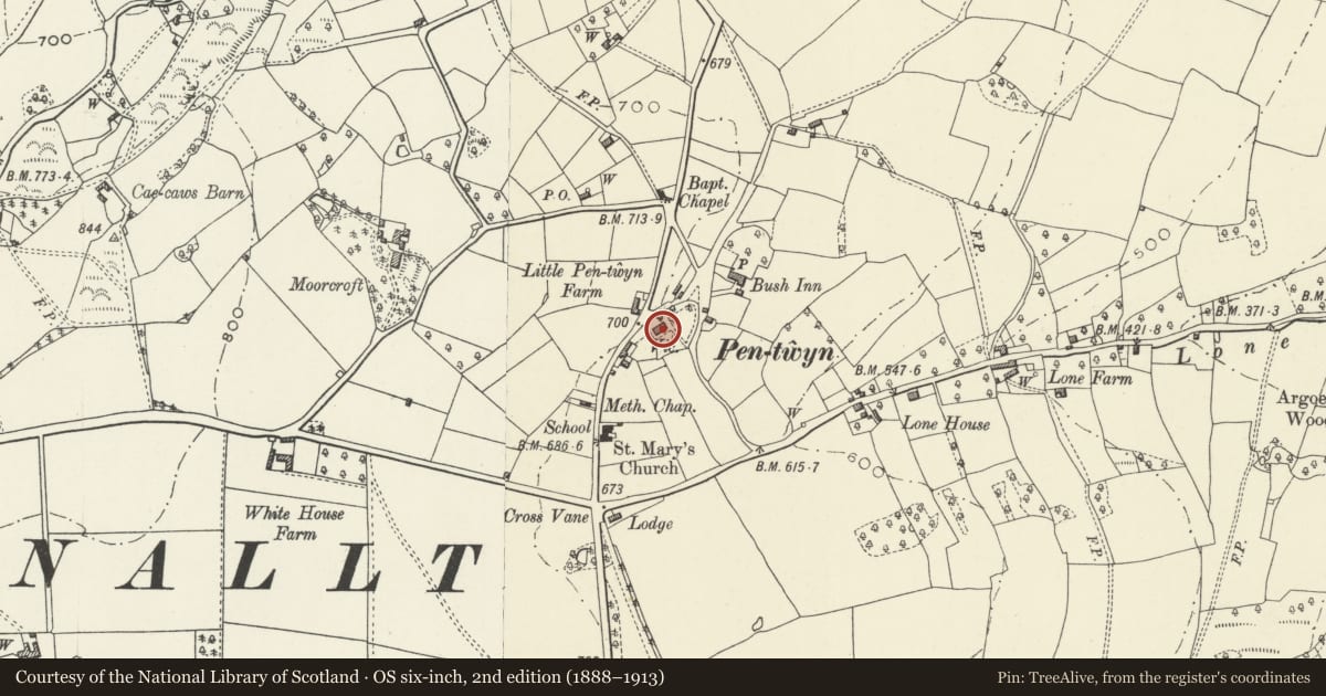 Ordnance Survey six-inch map, 2nd edition (1888–1913) covering the location of The Old Vicarage, Trellech United, Monmouthshire, with a pin at the register's coordinates