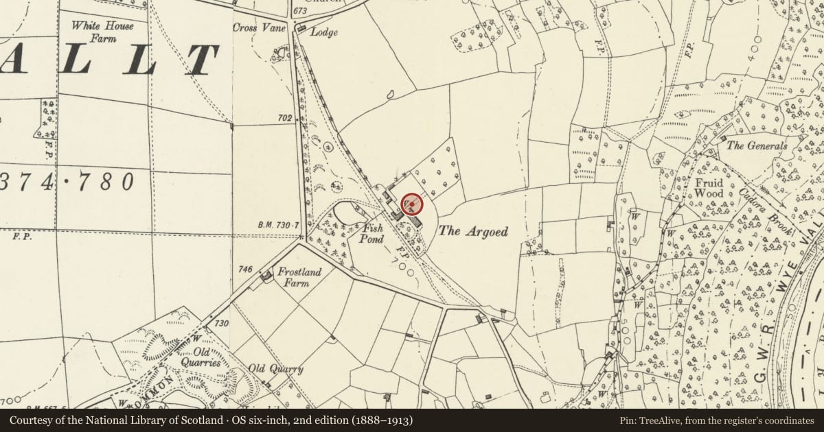 Ordnance Survey six-inch map, 2nd edition (1888–1913) covering the location of Garden House at The Argoed, Trellech United, Monmouthshire, with a pin at the register's coordinates