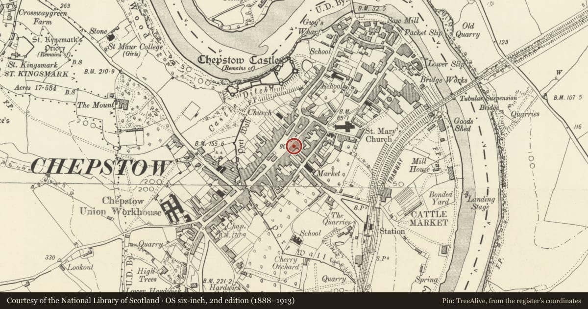 Ordnance Survey six-inch map, 2nd edition (1888–1913) covering the location of Beaufort Hotel, Chepstow, Monmouthshire, with a pin at the register's coordinates