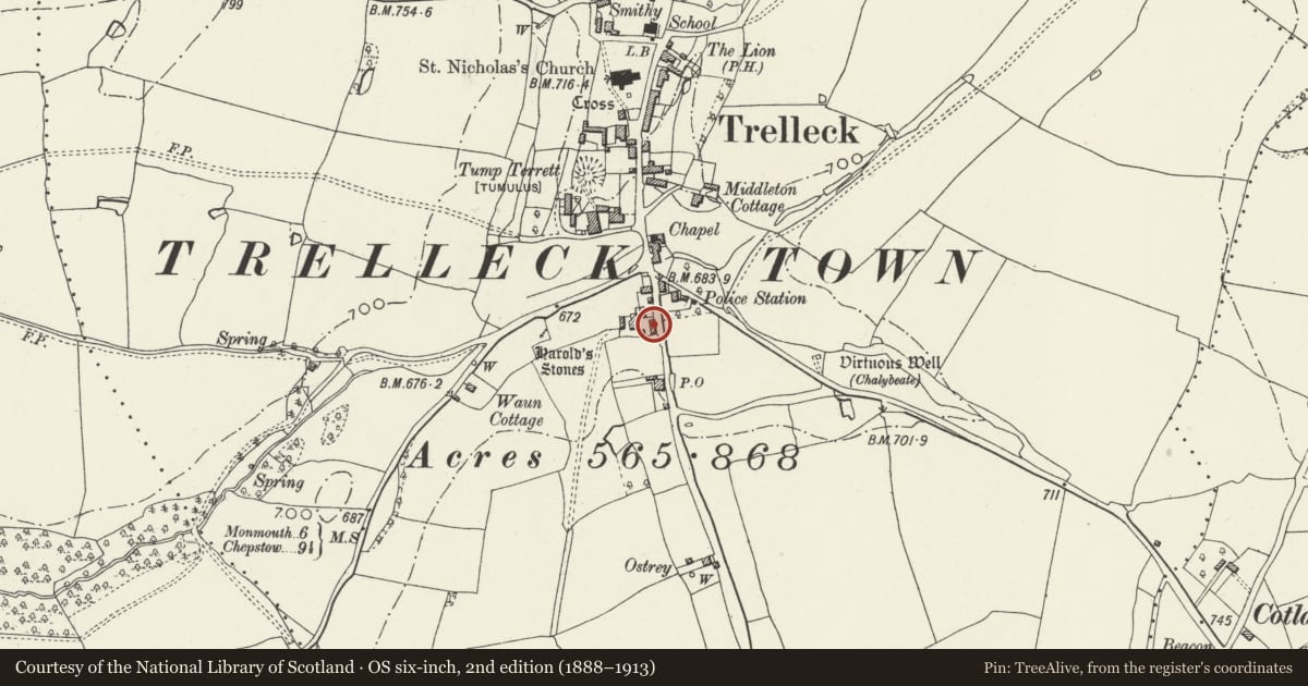 Ordnance Survey six-inch map, 2nd edition (1888–1913) covering the location of East Barn at Three Stones Farm, Trellech United, Monmouthshire, with a pin at the register's coordinates