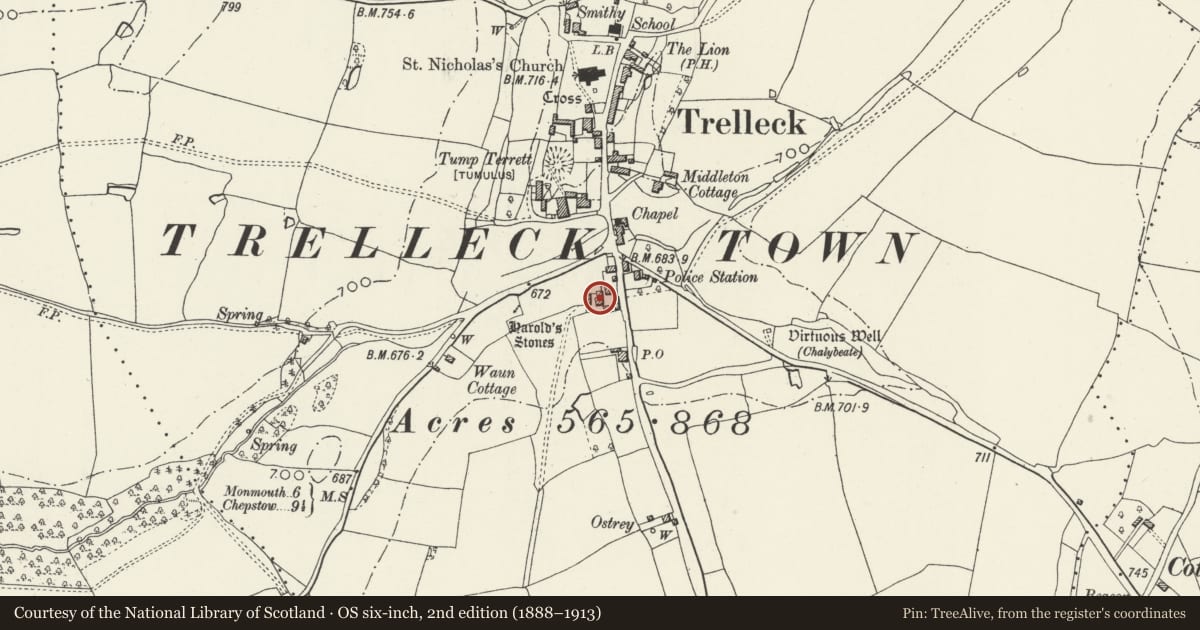Ordnance Survey six-inch map, 2nd edition (1888–1913) covering the location of West Barn at Three Stones Farm, Trellech United, Monmouthshire, with a pin at the register's coordinates