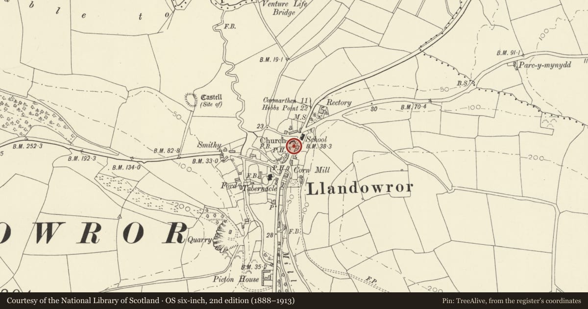 Ordnance Survey six-inch map, 2nd edition (1888–1913) covering the location of Churchyard gates, piers and railings at Church of Saint Teilo, Llanddowror, Carmarthenshire, with a pin at the register's coordinates