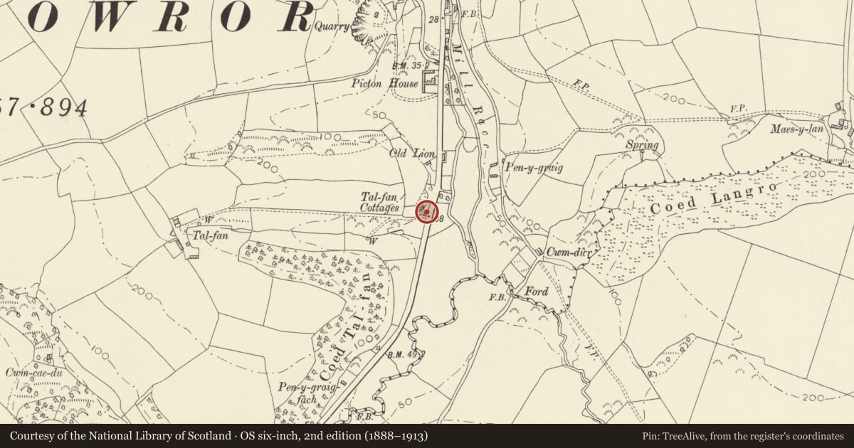 Ordnance Survey six-inch map, 2nd edition (1888–1913) covering the location of Talfan Cottage, Llanddowror, Carmarthenshire, with a pin at the register's coordinates