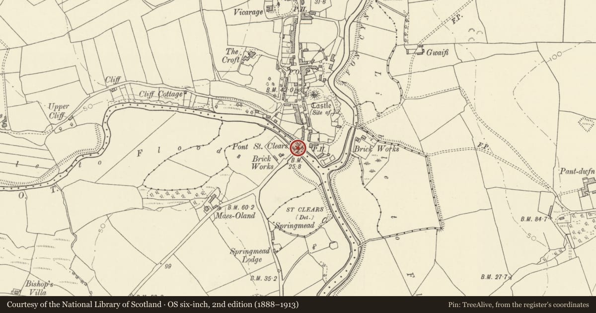 Ordnance Survey six-inch map, 2nd edition (1888–1913) covering the location of Pont Sancler (partly listed in St Clears community), Llanddowror, Carmarthenshire, with a pin at the register's coordinates