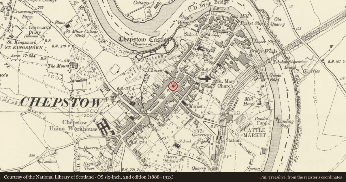 Ordnance Survey six-inch map, 2nd edition (1888–1913) covering the location of 6&7 Beaufort Square, Chepstow, Monmouthshire, with a pin at the register's coordinates