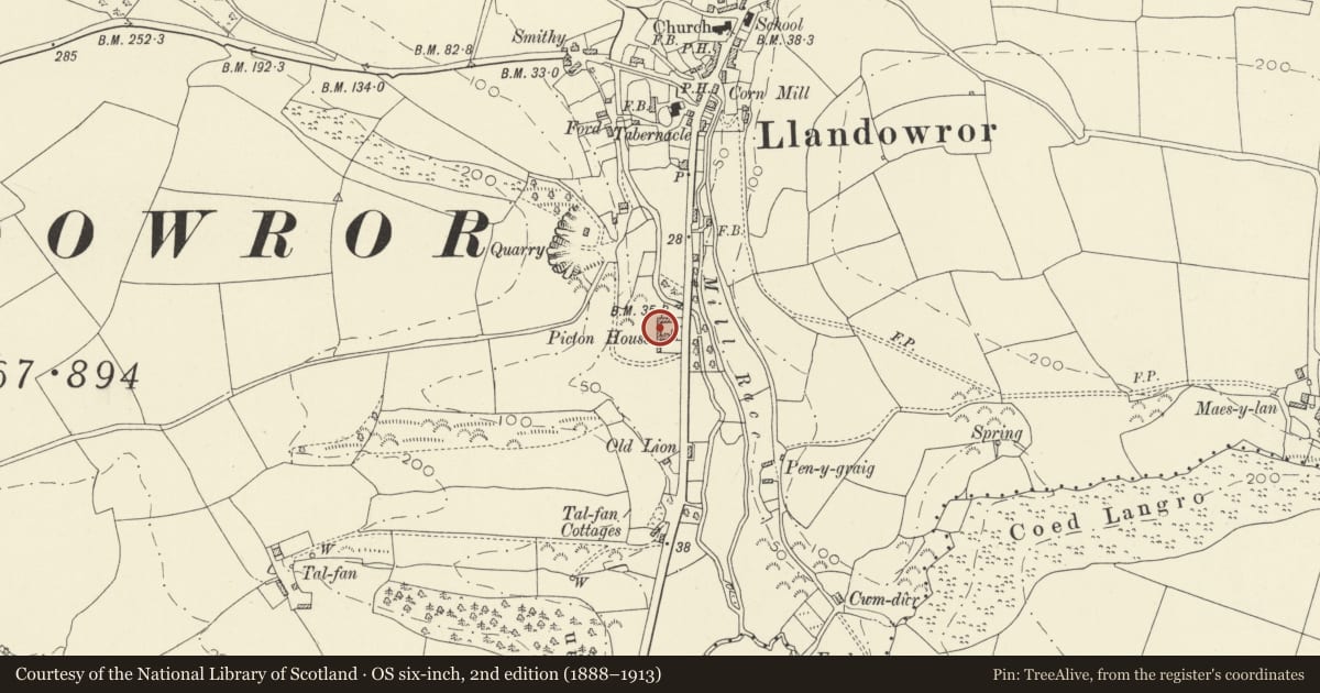 Ordnance Survey six-inch map, 2nd edition (1888–1913) covering the location of Picton House, Llanddowror, Carmarthenshire, with a pin at the register's coordinates