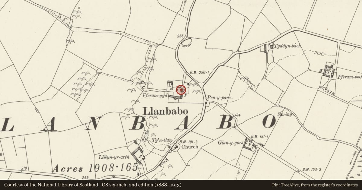 Ordnance Survey six-inch map, 2nd edition (1888–1913) covering the location of Fferam-gyd, Tref Alaw, Isle of Anglesey, with a pin at the register's coordinates