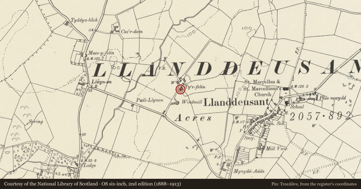 Ordnance Survey six-inch map, 2nd edition (1888–1913) covering the location of Ty'r Felin, Tref Alaw, Isle of Anglesey, with a pin at the register's coordinates