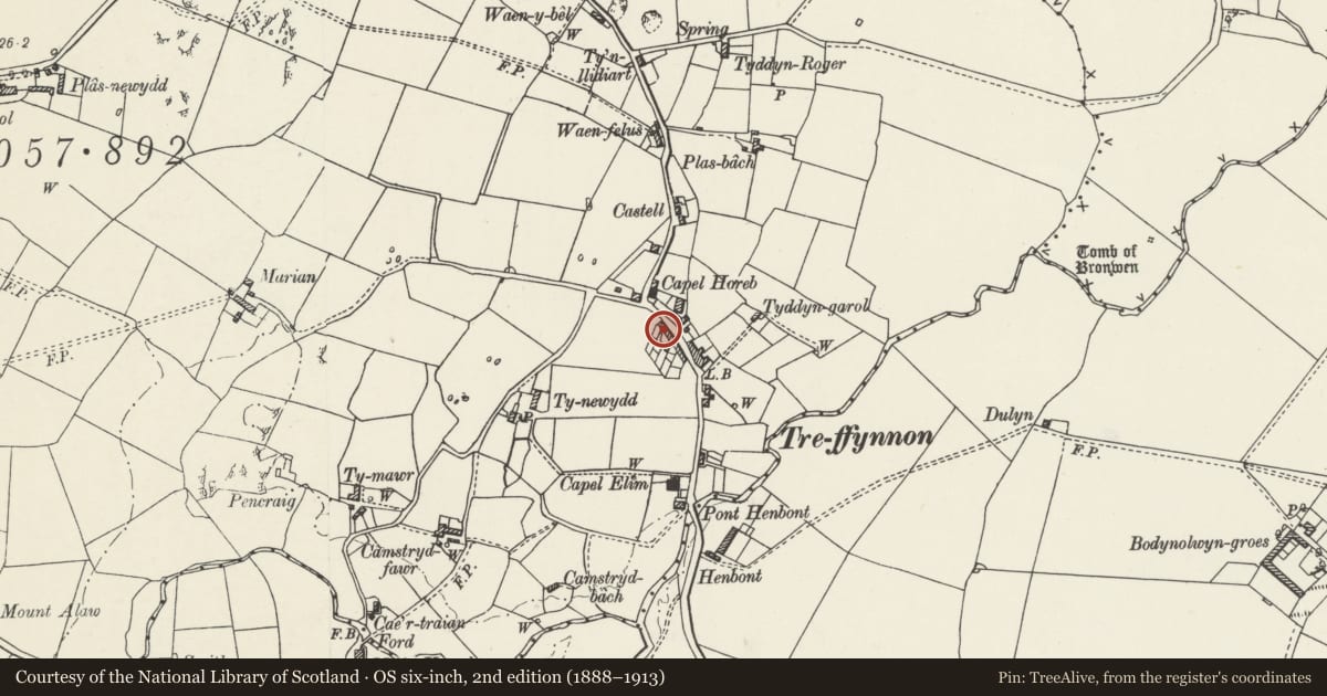 Ordnance Survey six-inch map, 2nd edition (1888–1913) covering the location of Tyn Cae Elim, Tref Alaw, Isle of Anglesey, with a pin at the register's coordinates
