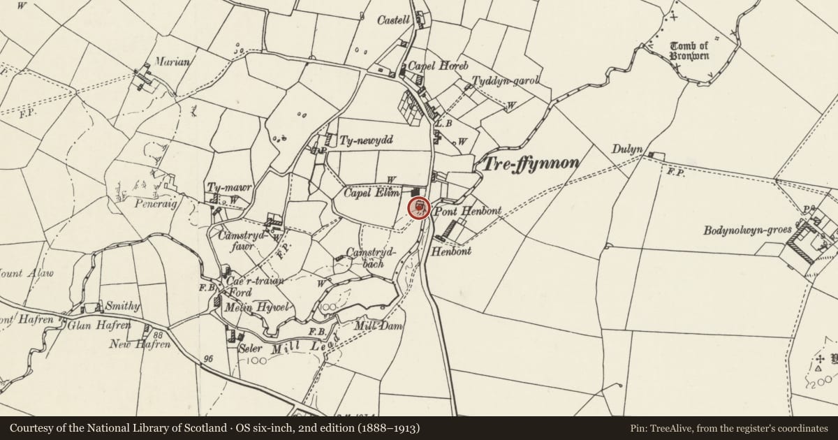 Ordnance Survey six-inch map, 2nd edition (1888–1913) covering the location of Schoolroom and stable range at Elim Chapel, Tref Alaw, Isle of Anglesey, with a pin at the register's coordinates