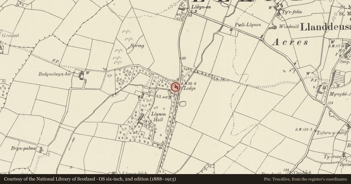 Ordnance Survey six-inch map, 2nd edition (1888–1913) covering the location of Lodge at Llynon Hall, Tref Alaw, Isle of Anglesey, with a pin at the register's coordinates