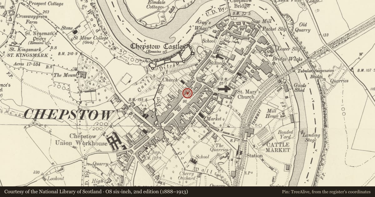 Ordnance Survey six-inch map, 2nd edition (1888–1913) covering the location of National Westminster Bank incorporating former nos. 1&2 Hocker Hill Street, inc. forecourt railings, Chepstow, Monmouthshire, with a pin at the register's coordinates