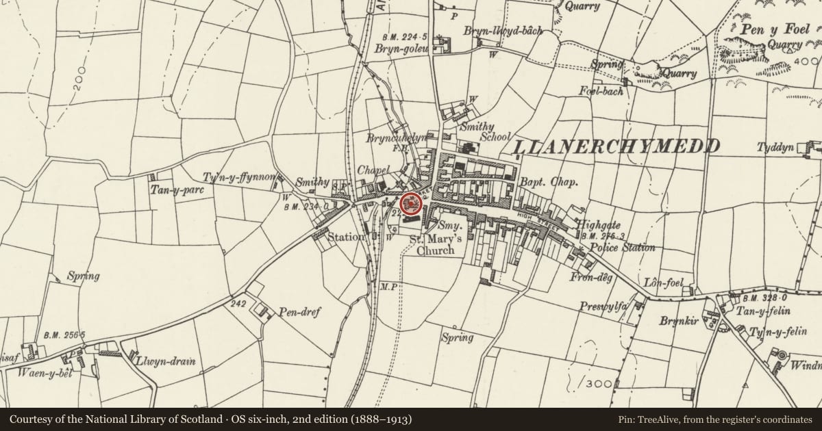 Ordnance Survey six-inch map, 2nd edition (1888–1913) covering the location of Lychgate to Church of St Mary, Llannerch-y-Medd, Isle of Anglesey, with a pin at the register's coordinates