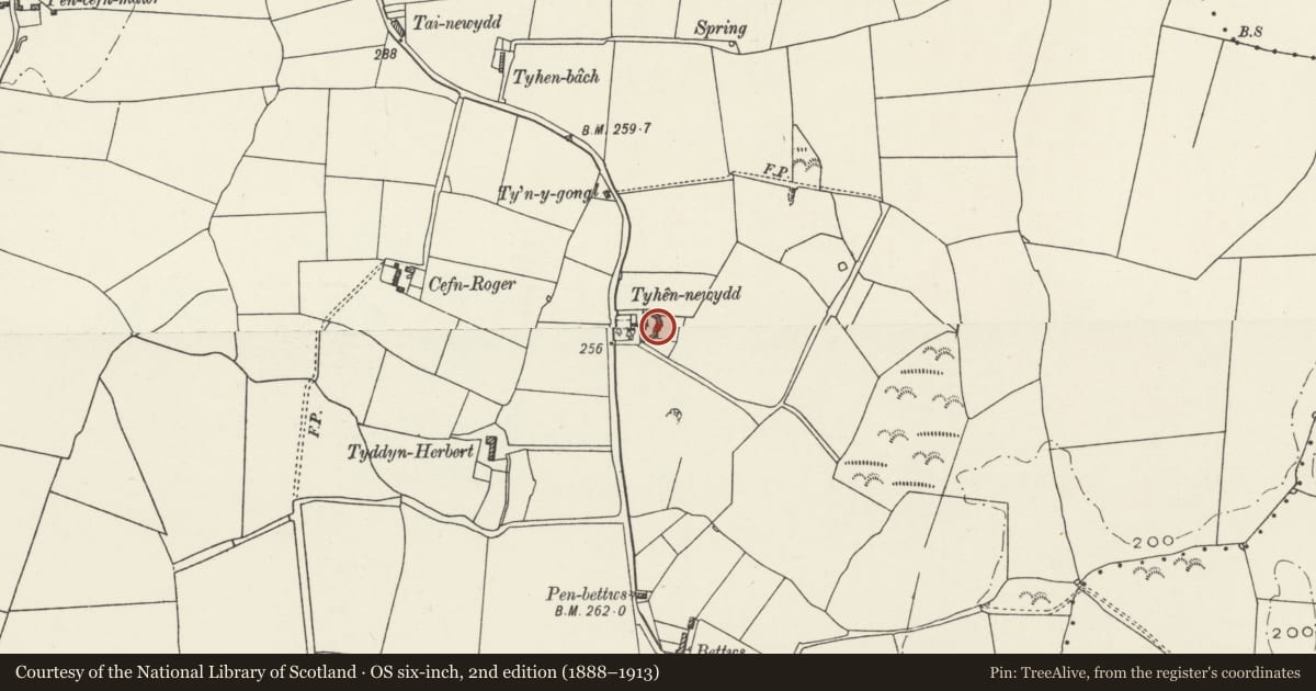 Ordnance Survey six-inch map, 2nd edition (1888–1913) covering the location of Agricultural range at Ty Hen Newydd, Llannerch-y-Medd, Isle of Anglesey, with a pin at the register's coordinates