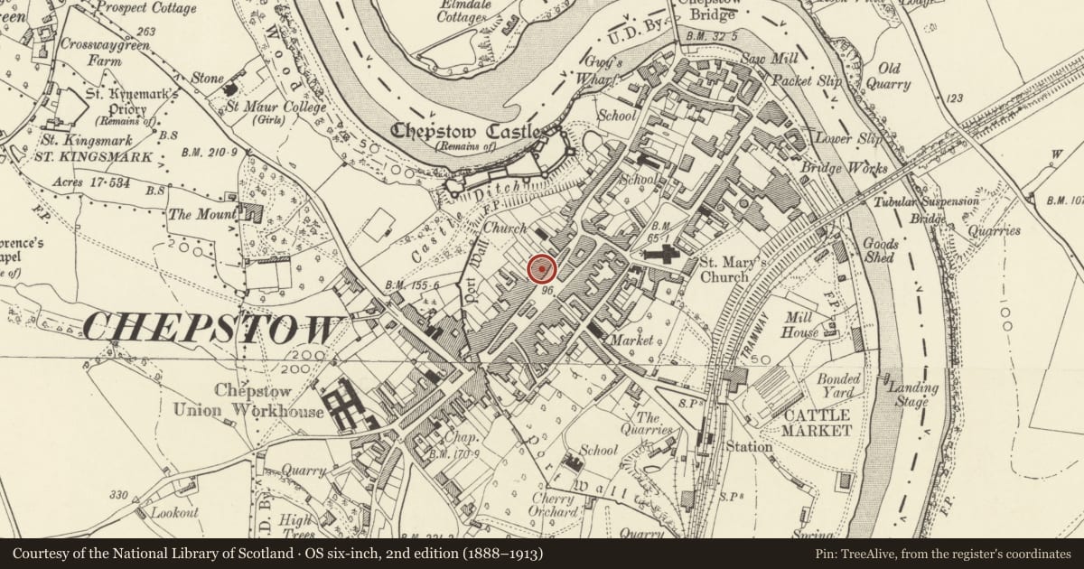 Ordnance Survey six-inch map, 2nd edition (1888–1913) covering the location of 9 Beaufort Square, Chepstow, Monmouthshire, with a pin at the register's coordinates