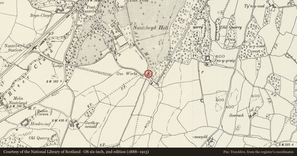 Ordnance Survey six-inch map, 2nd edition (1888–1913) covering the location of East Gateway at South Perimeter Road to Nantclwyd Hall, Llanelidan, Denbighshire, with a pin at the register's coordinates