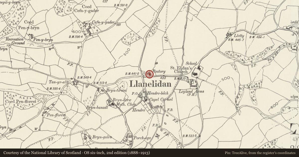 Ordnance Survey six-inch map, 2nd edition (1888–1913) covering the location of Old Rectory with high wall to roadside, Llanelidan, Denbighshire, with a pin at the register's coordinates