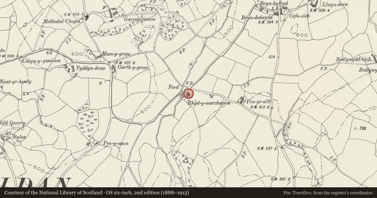 Ordnance Survey six-inch map, 2nd edition (1888–1913) covering the location of Rhyd-y-marchogion Farmhouse with attached cartshed range and garden wall, Llanelidan, Denbighshire, with a pin at the register's coordinates