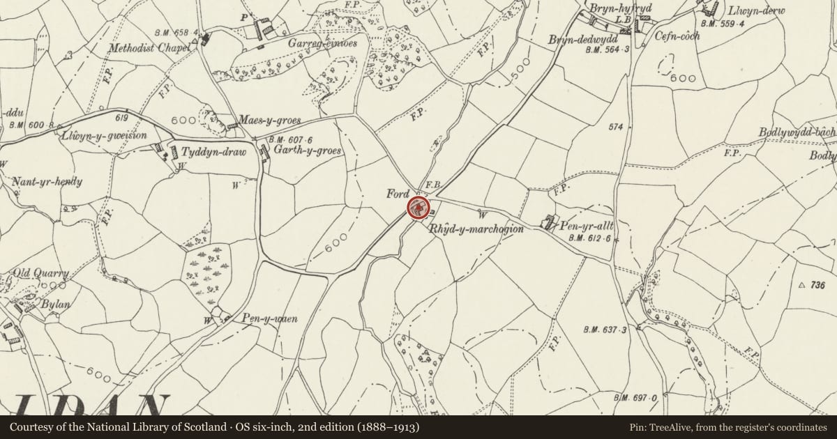 Ordnance Survey six-inch map, 2nd edition (1888–1913) covering the location of Rhyd-y-marchogion farmyard group, Llanelidan, Denbighshire, with a pin at the register's coordinates