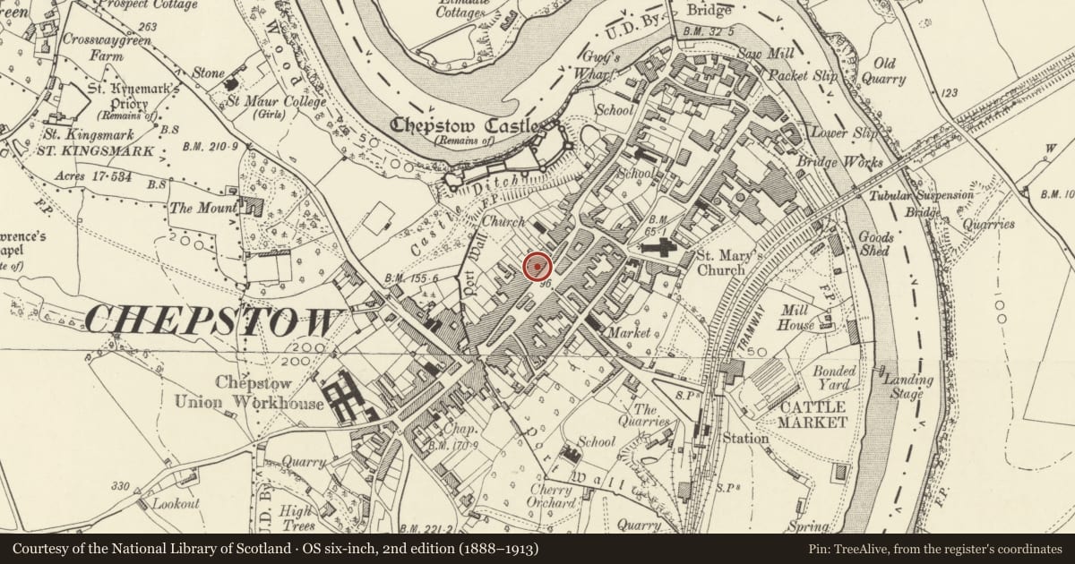 Ordnance Survey six-inch map, 2nd edition (1888–1913) covering the location of 10 Beaufort Square, Chepstow, Monmouthshire, with a pin at the register's coordinates