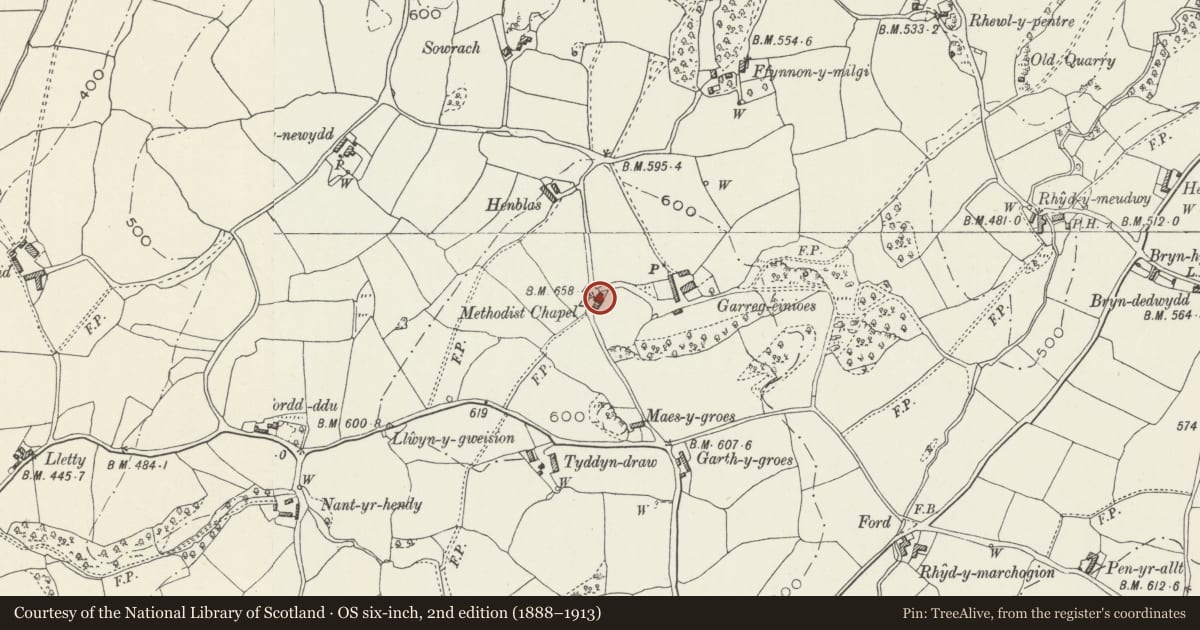 Ordnance Survey six-inch map, 2nd edition (1888–1913) covering the location of Seion Wesleyan Methodist Chapel including forecourt wall with railings, Llanelidan, Denbighshire, with a pin at the register's coordinates