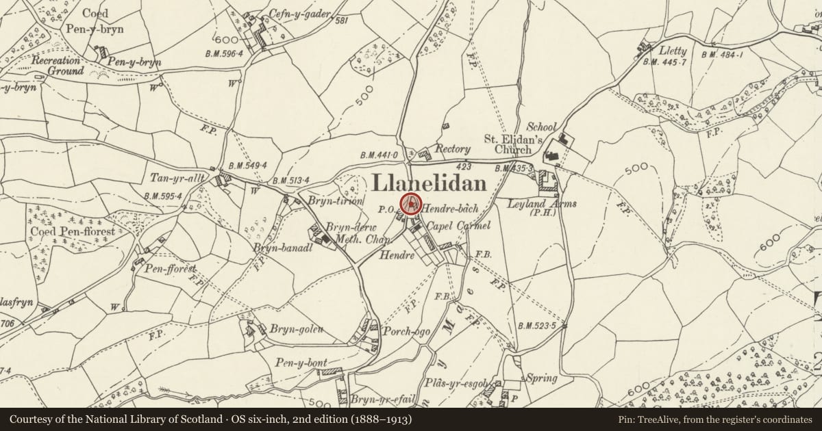 Ordnance Survey six-inch map, 2nd edition (1888–1913) covering the location of 1, Hendre-bach, Llanelidan, Denbighshire, with a pin at the register's coordinates