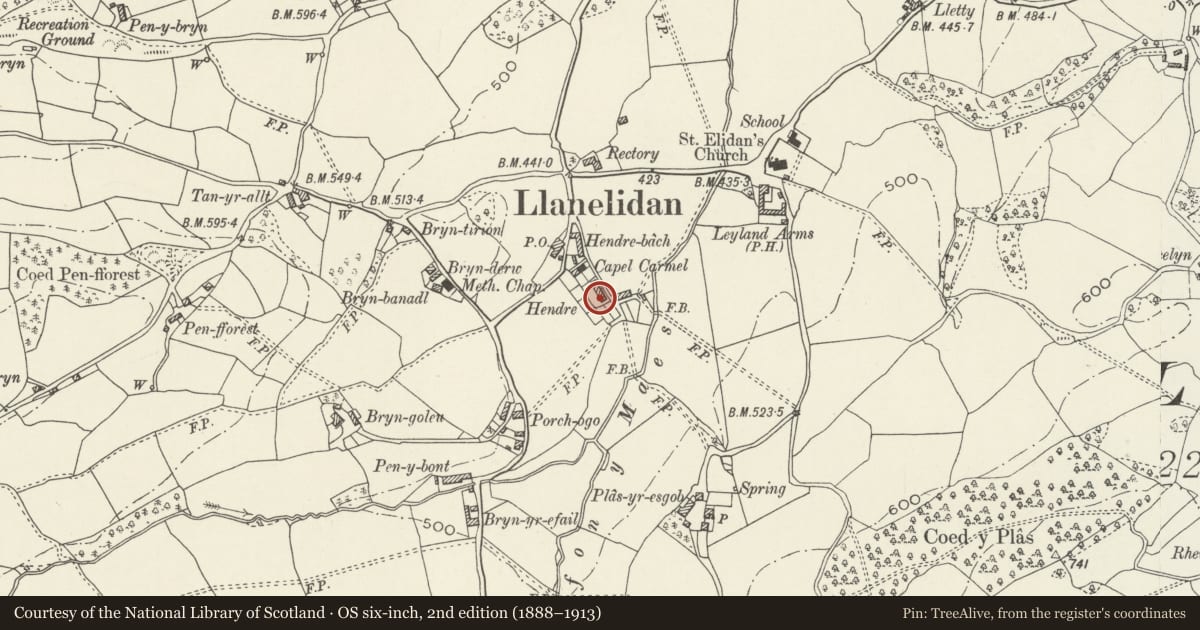 Ordnance Survey six-inch map, 2nd edition (1888–1913) covering the location of 1, Hendre Cottages, Llanelidan, Denbighshire, with a pin at the register's coordinates