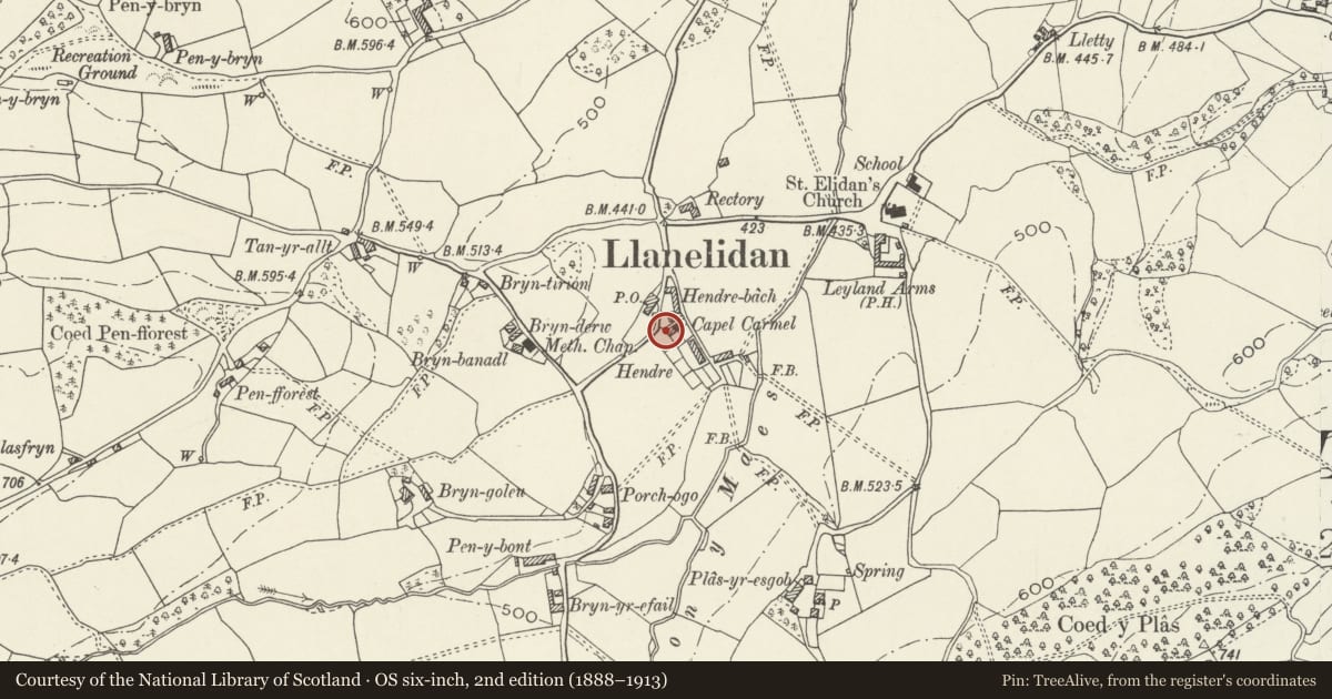 Ordnance Survey six-inch map, 2nd edition (1888–1913) covering the location of Carmel Baptist Chapel with Former Caretaker's House at rear, Llanelidan, Denbighshire, with a pin at the register's coordinates