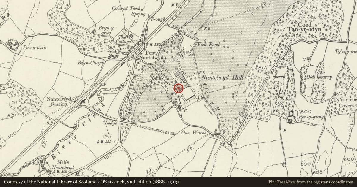 Ordnance Survey six-inch map, 2nd edition (1888–1913) covering the location of Office Range at South West of Nantclwyd Hall, Llanelidan, Denbighshire, with a pin at the register's coordinates