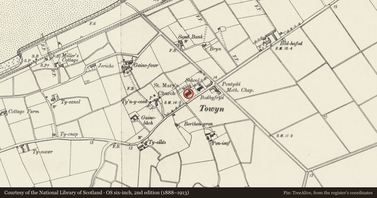 Ordnance Survey six-inch map, 2nd edition (1888–1913) covering the location of Church of St Mary, with churchyard walls, Kinmel Bay and Towyn, Conwy, with a pin at the register's coordinates